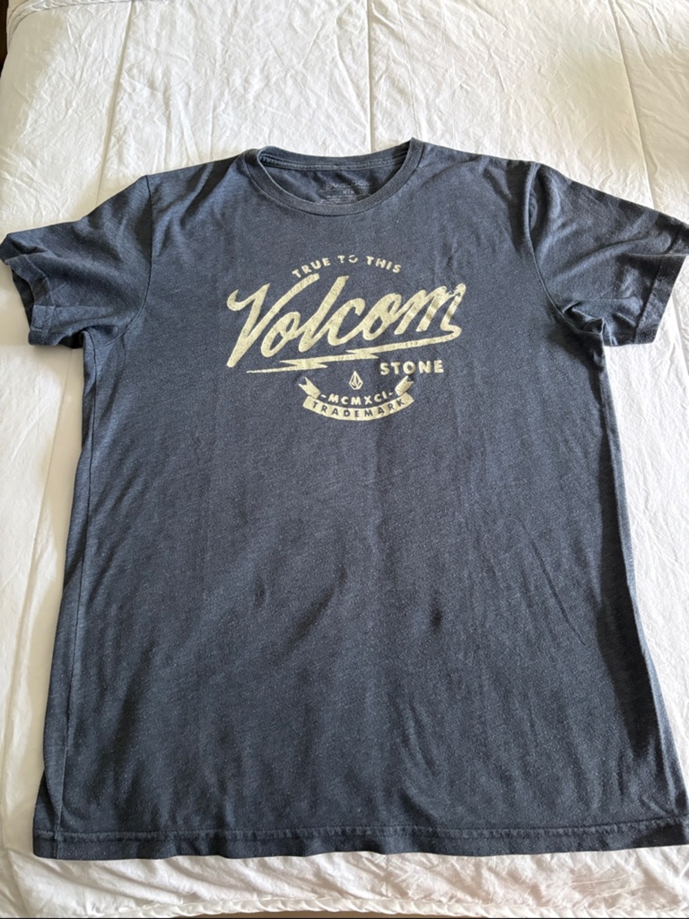 Volcom Dark Blue Washed Tee with Cream Script Logo
